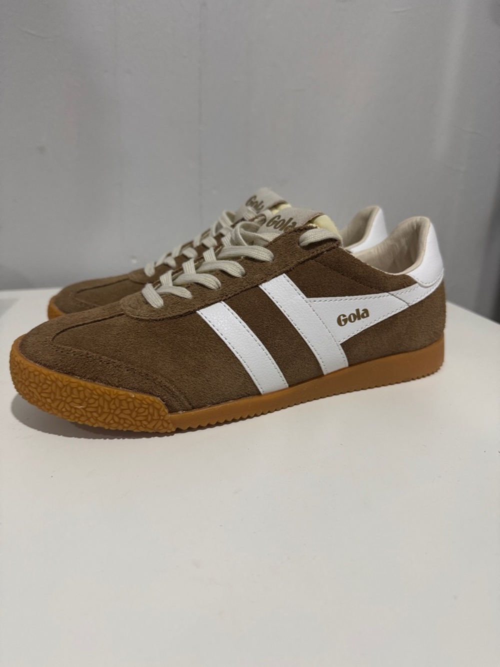 Gola Women’s Brown Suede Sneakers with White Stripes and Gum Sole